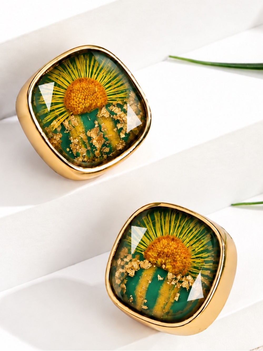 Preserved Sunflowers~ Pressed Dried Flower Prairie Gold Flake Square Window Stud